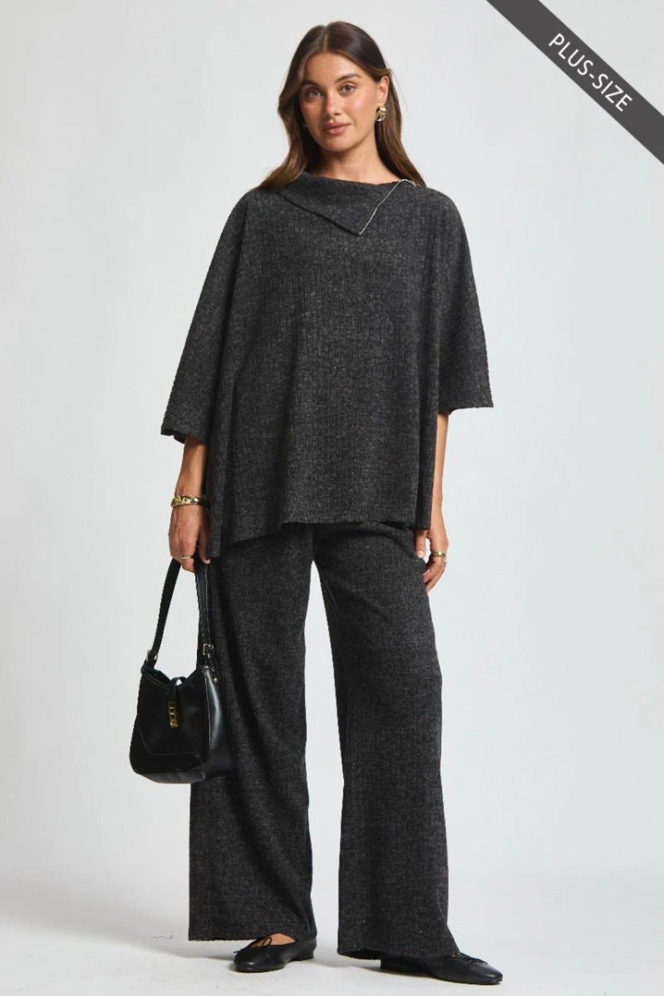 Dear Scarlet Vineyard Brushed Ribbed Poncho/Pants Set in Black
