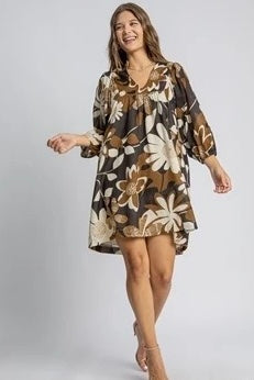 Umgee Camel Floral Dress with Split High Neck and 3/4 Sleeves