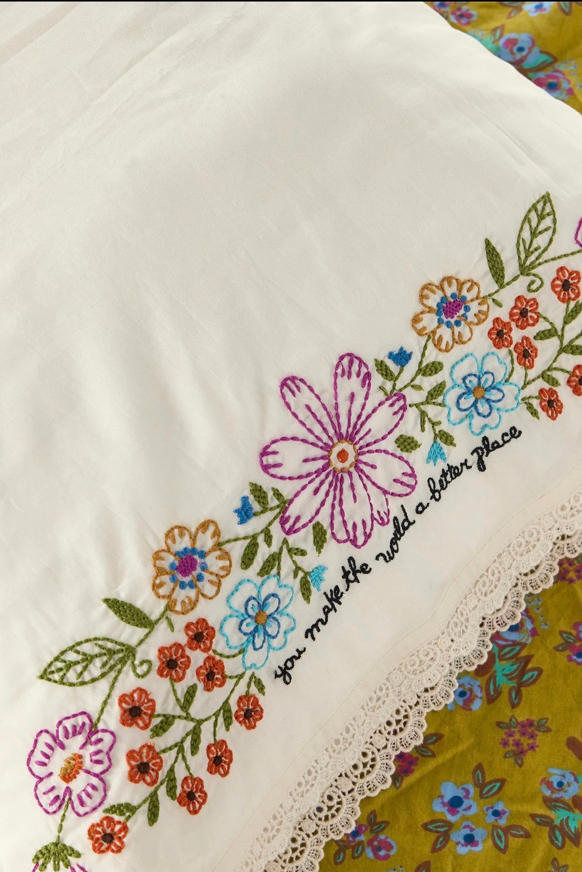 Natural Life Embroidered Cotton Giving Pillowcase- You Make the World Better