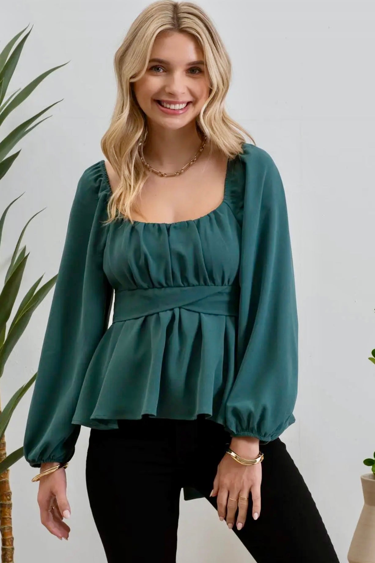 Hunter Green Scoop Neck Long Sleeve Top with Back Waist Tie