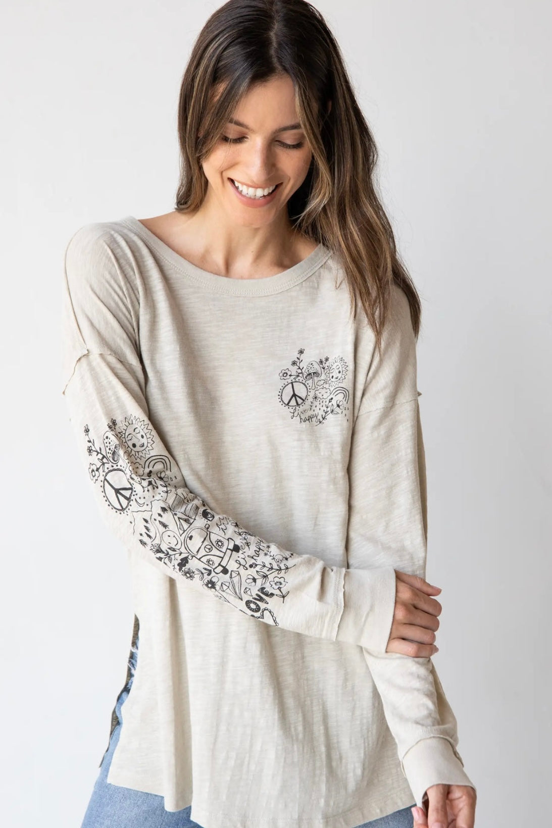 Natural Life Long Sleeve Cotton Doodle Tee - Moonstruck Tan