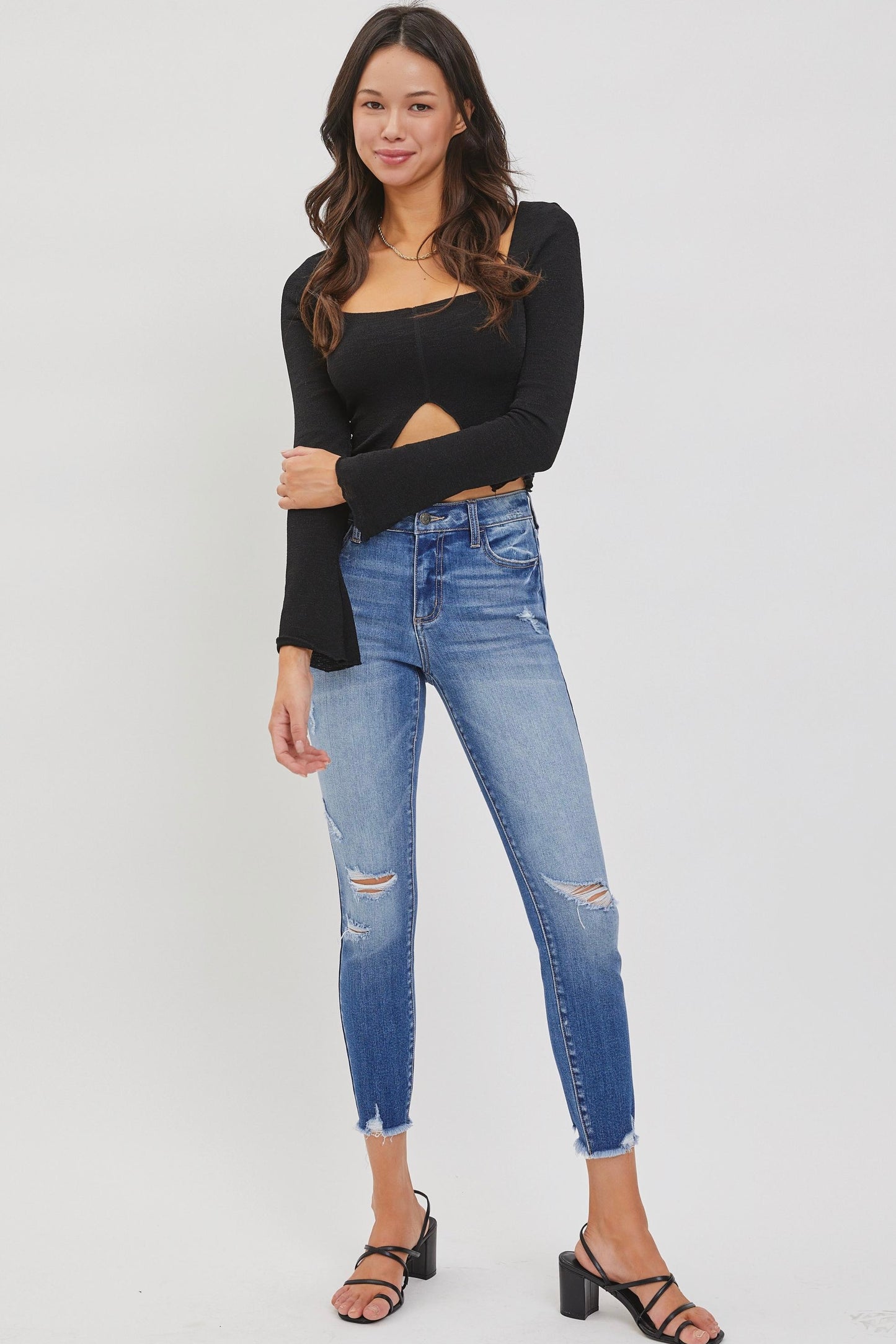 Cello Mid Rise Distressed Crop Skinny Jeans in Light Denim