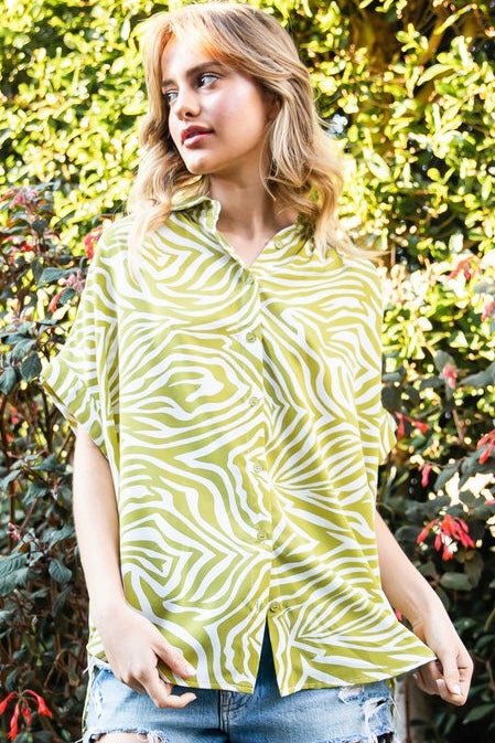 Jodifl Oversized Green and White Zebra Print Collared Button Up Top G8384-12