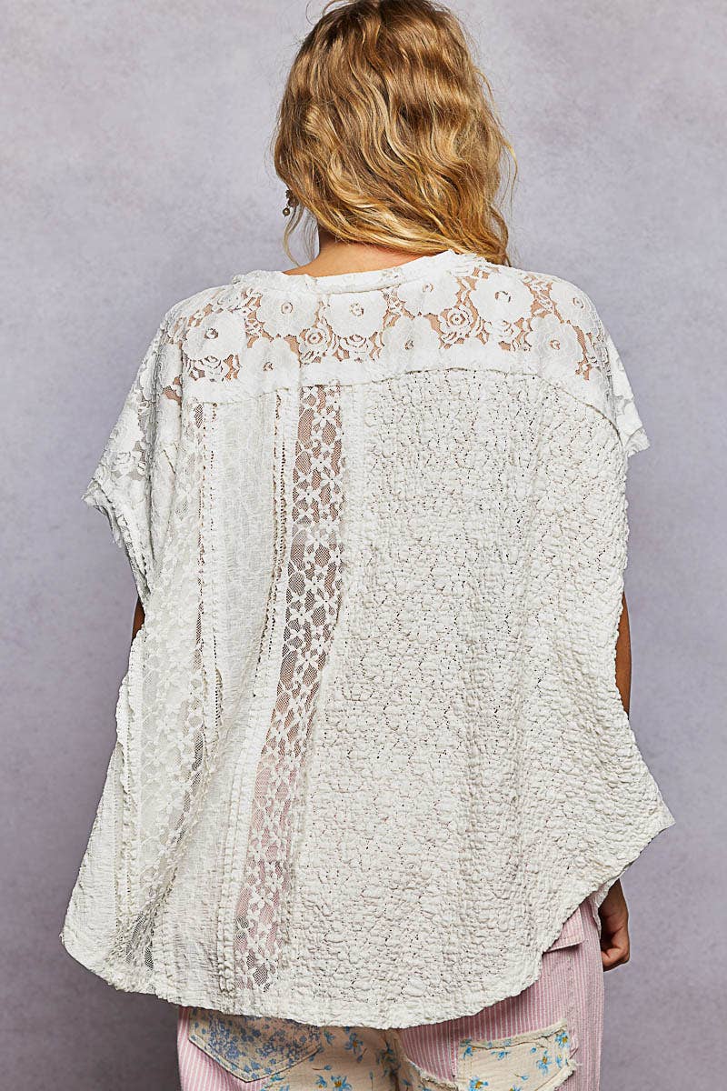 POL Patchwork Lace Oversized V-Neck Raw Edge Top in Natural