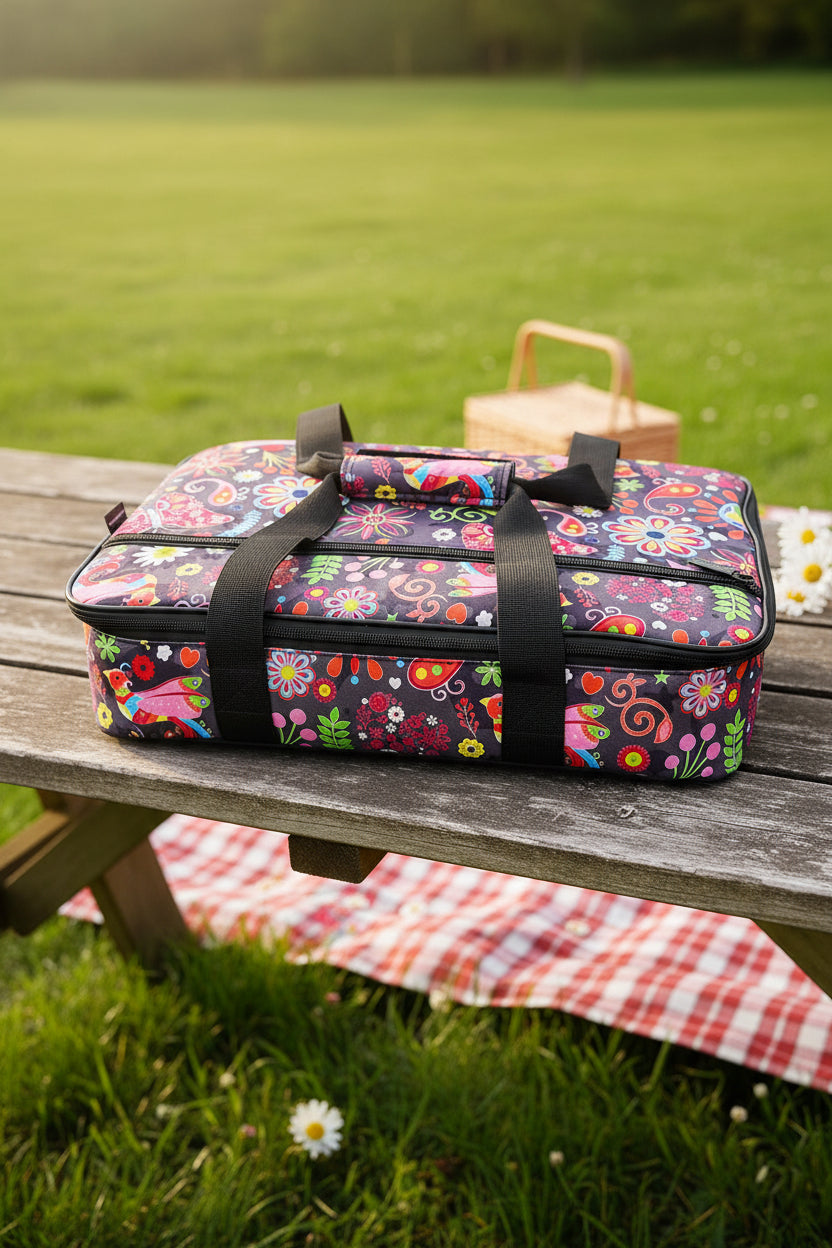 Colorful floral-patterned insulated food bag with black handles on a picnic background