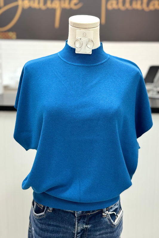 Blue Mock Neck Short Dolman Sleeve Lightweight Sweater Top