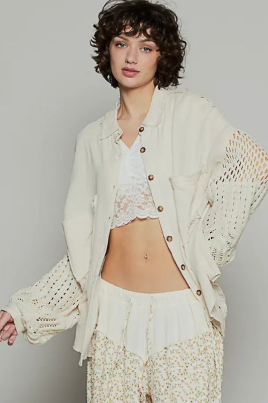 Ivory Crochet Sleeve Light Weight Jacket Top by POL