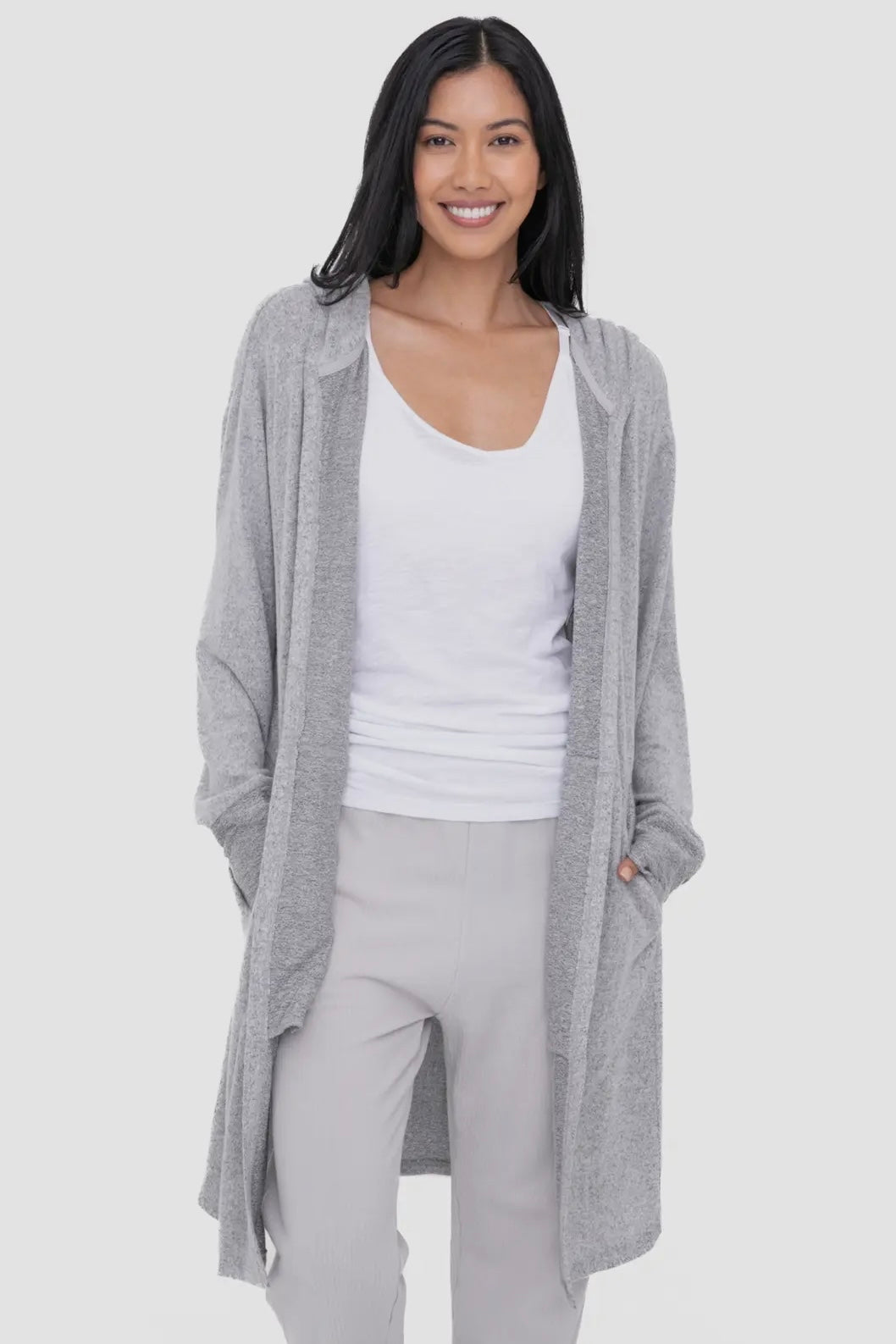 Heathered Charcoal Open Front Hooded Cardigan with Pockets