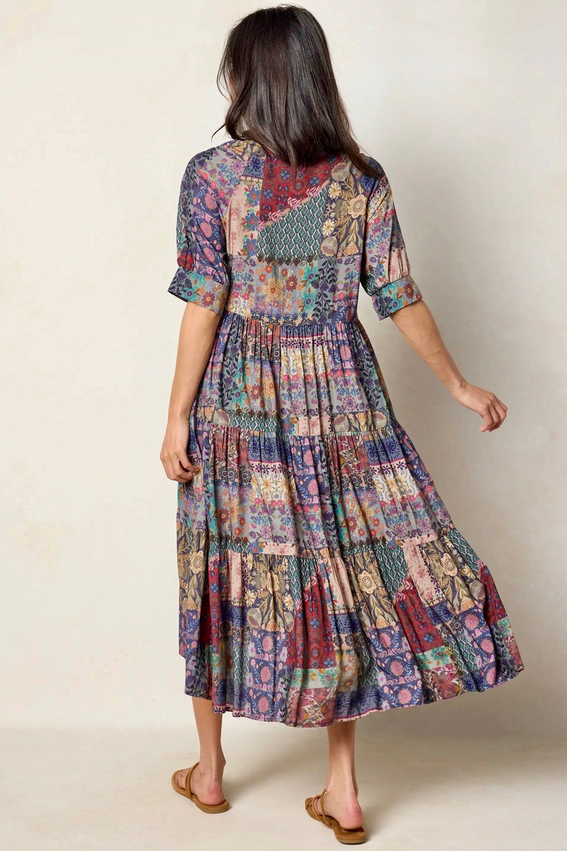 Natural Life Rebecca Midi Dress- Blue Patchwork