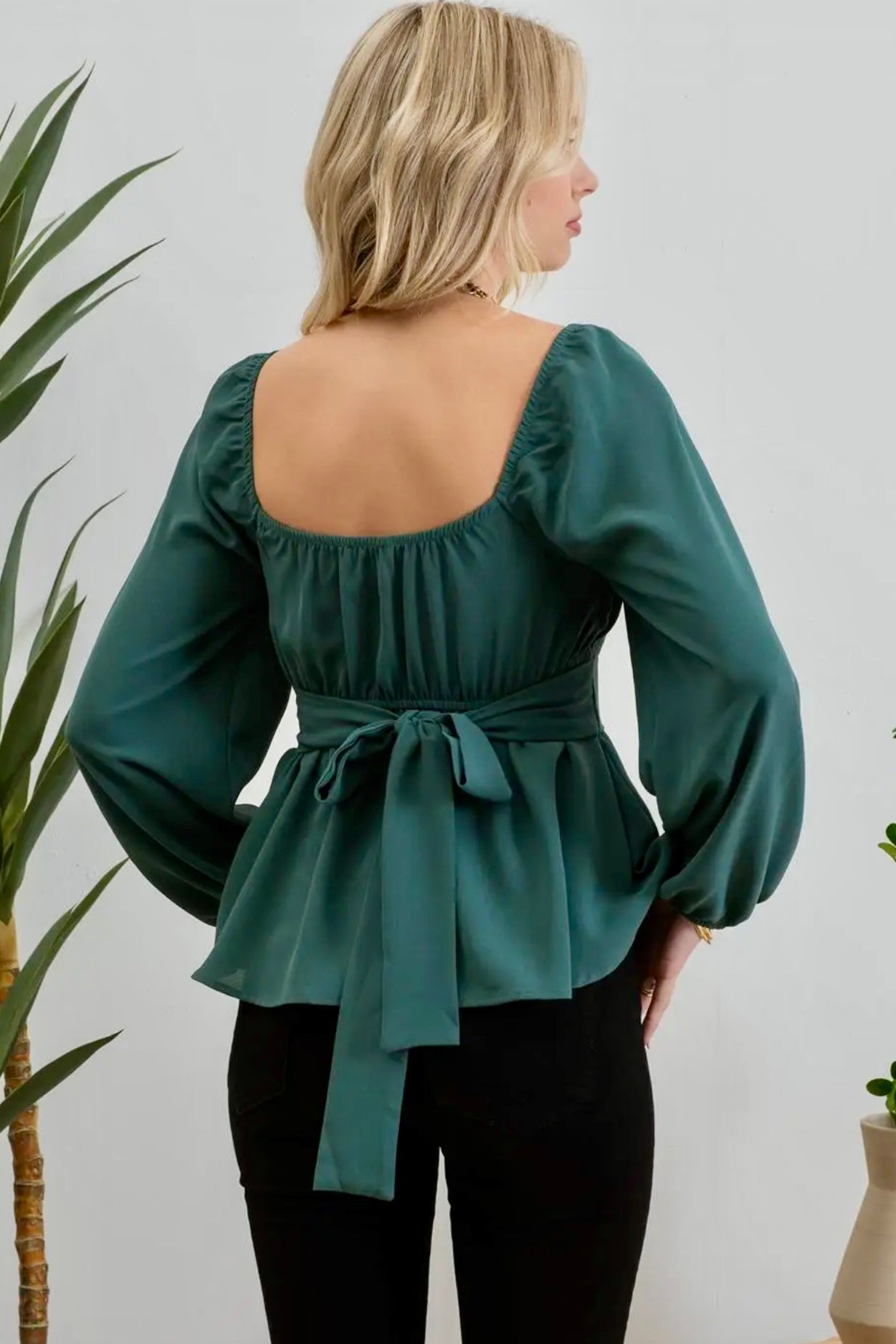 Hunter Green Scoop Neck Long Sleeve Top with Back Waist Tie