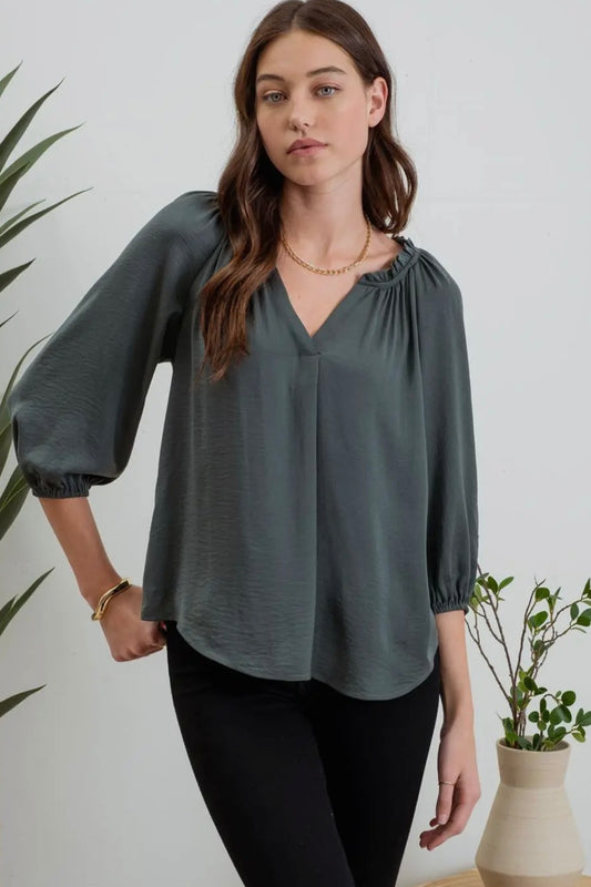 Forest Green Split Neck 3/4 Balloon Sleeve Top