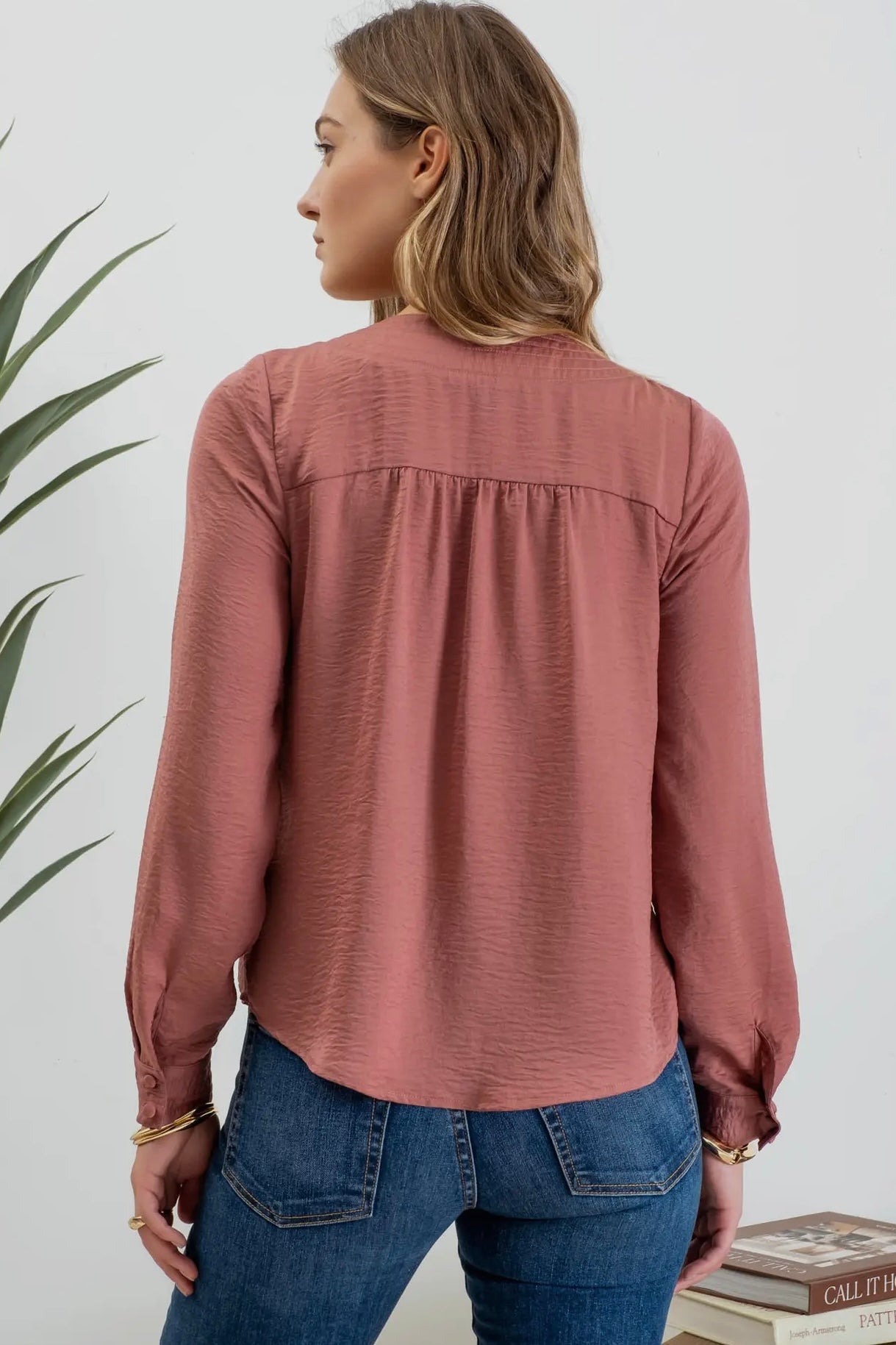 Mauve Textured Satin V Neck Long Sleeve Top