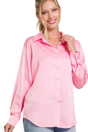 Pink Satin Button Down Blouse