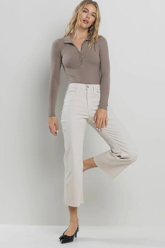 Winter White High Rise Cropped Kick Flare Jeans with Raw Cut Hem