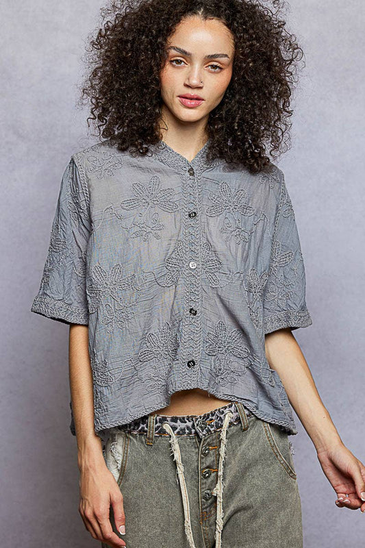 Gray POL Short Sleeve Floral Embroidery Crochet Top