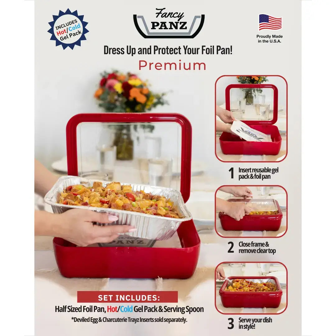 Fancy Panz Blue Marble Premium Set - Pan Frame with Lid, Hot/Cold Gel Pack, and Serving Spoon
