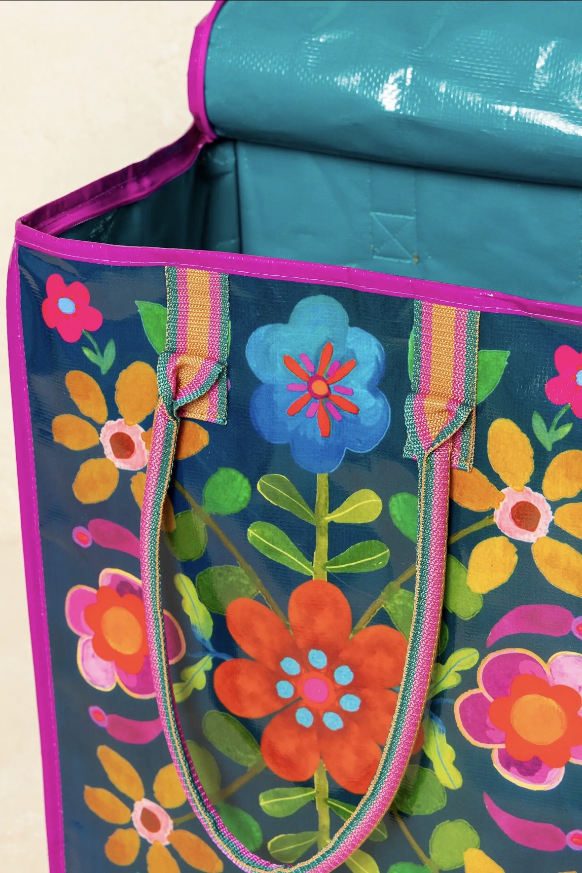 Natural Life Rolling Tote Bag- Teal Folk Flower