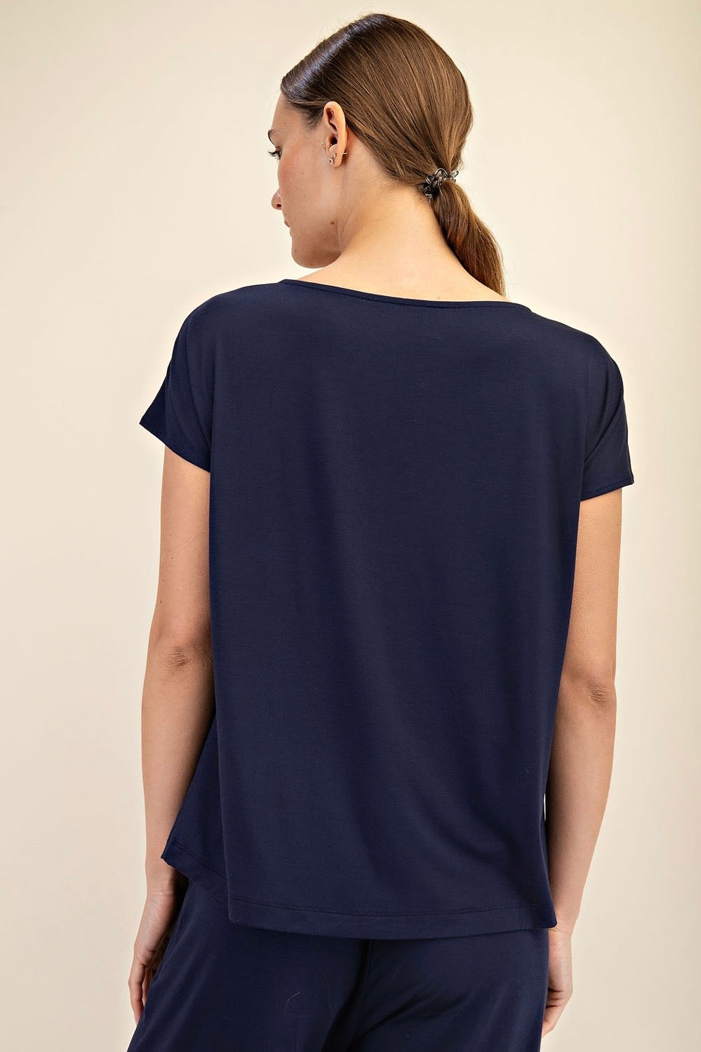 Black Viscose Modal Short Sleeve Boatneck Top