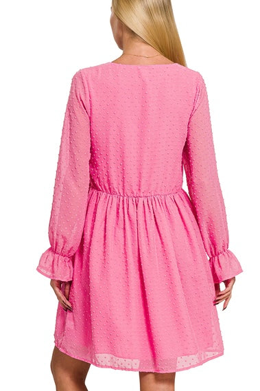 Bubblegum Pink Chiffon Dress with Long Sheer Sleeves