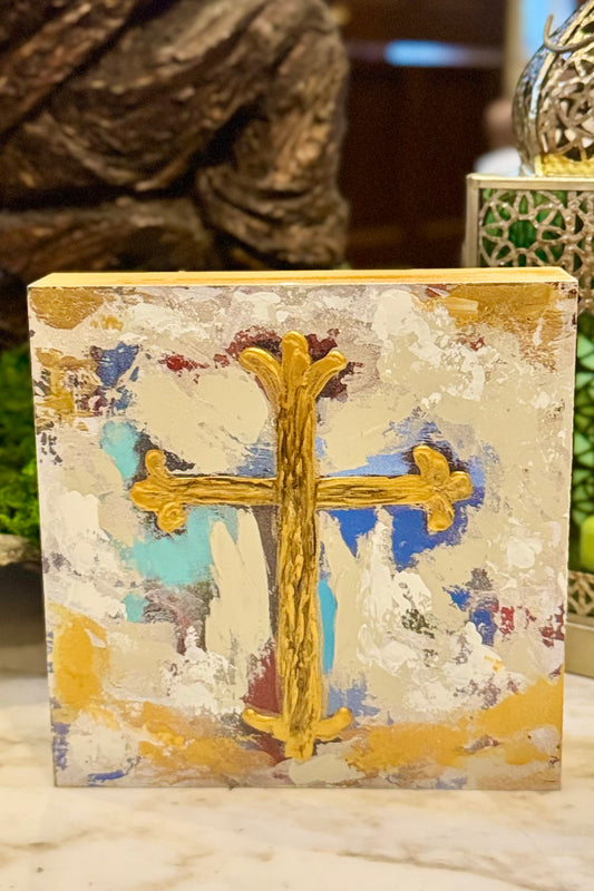 Golden Cross Wood Box Sign by Candice Boatright