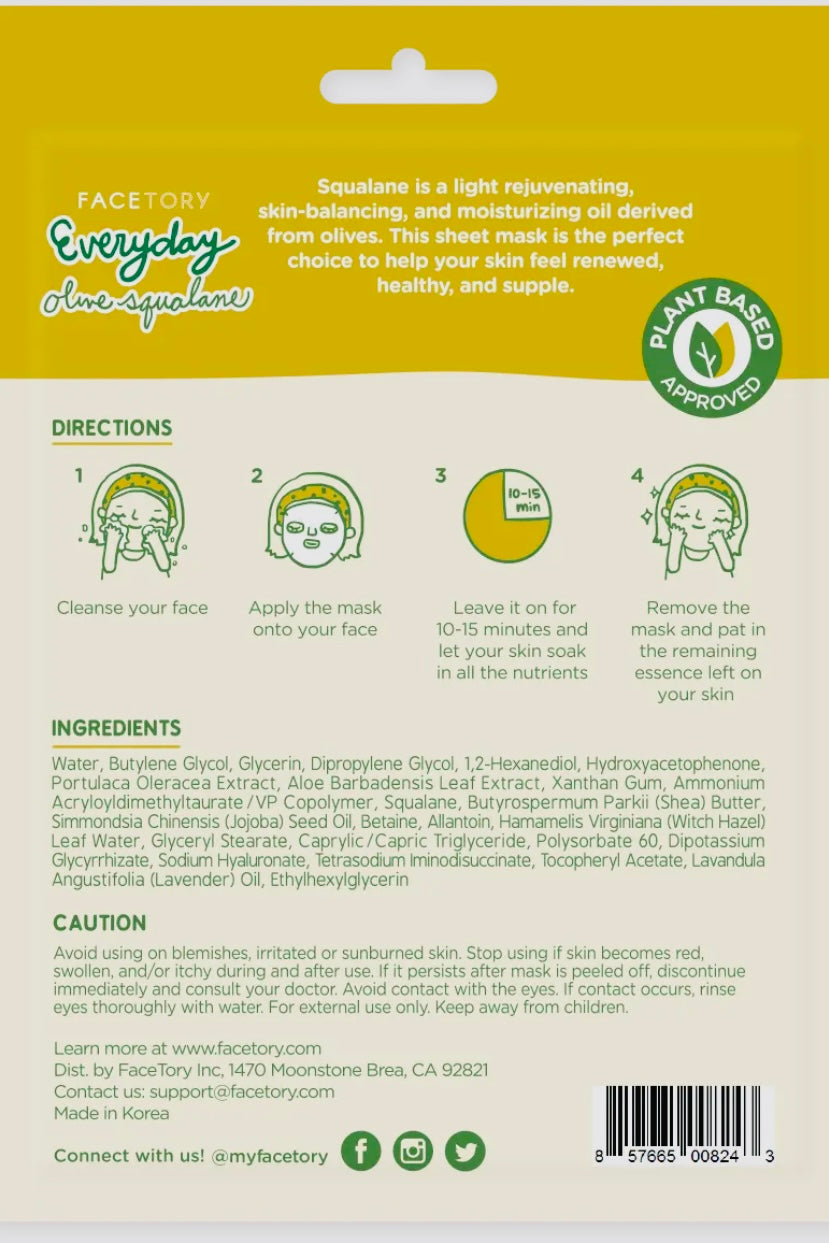 FaceTory Everyday Olive Squalane Skin Balancing Sheet Mask- Korean Beauty