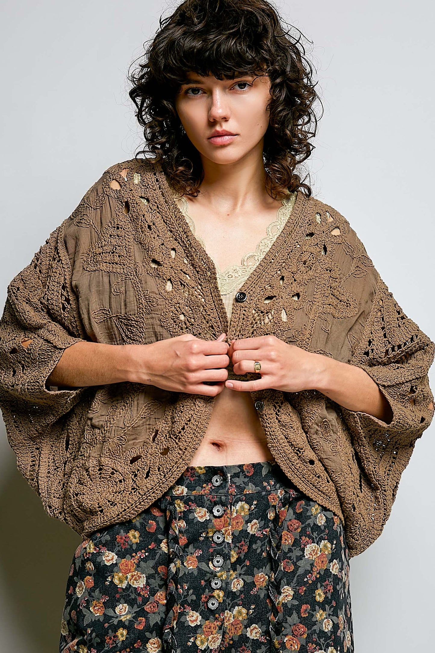 Cocoa POL Batwing Sleeve Button Down Solid Crochet Cardigan