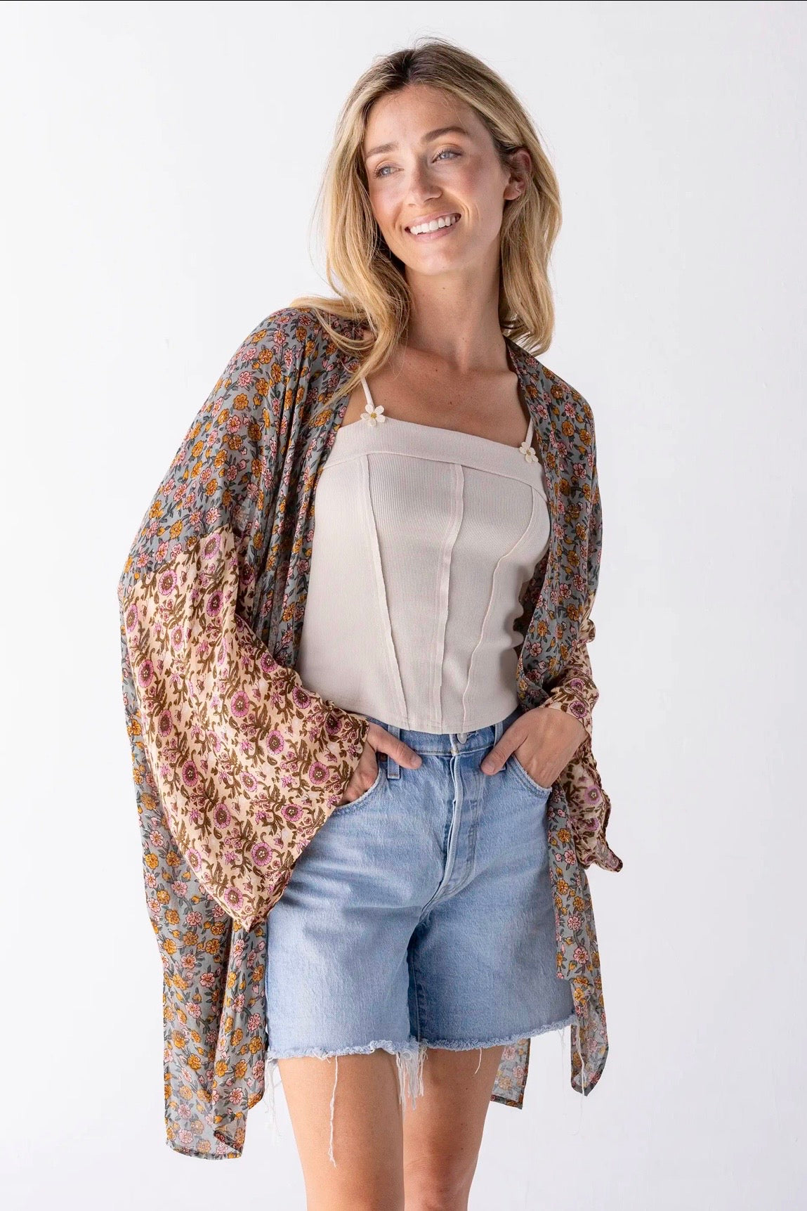 Natural Life Sierra Kimono- Mustard Pink Floral