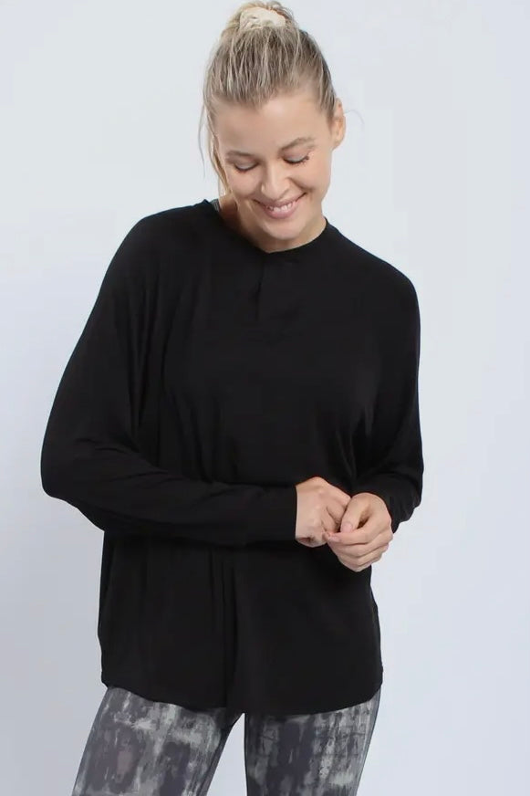 Black Tencel Butter Soft Long Sleeve Notched Flow Top