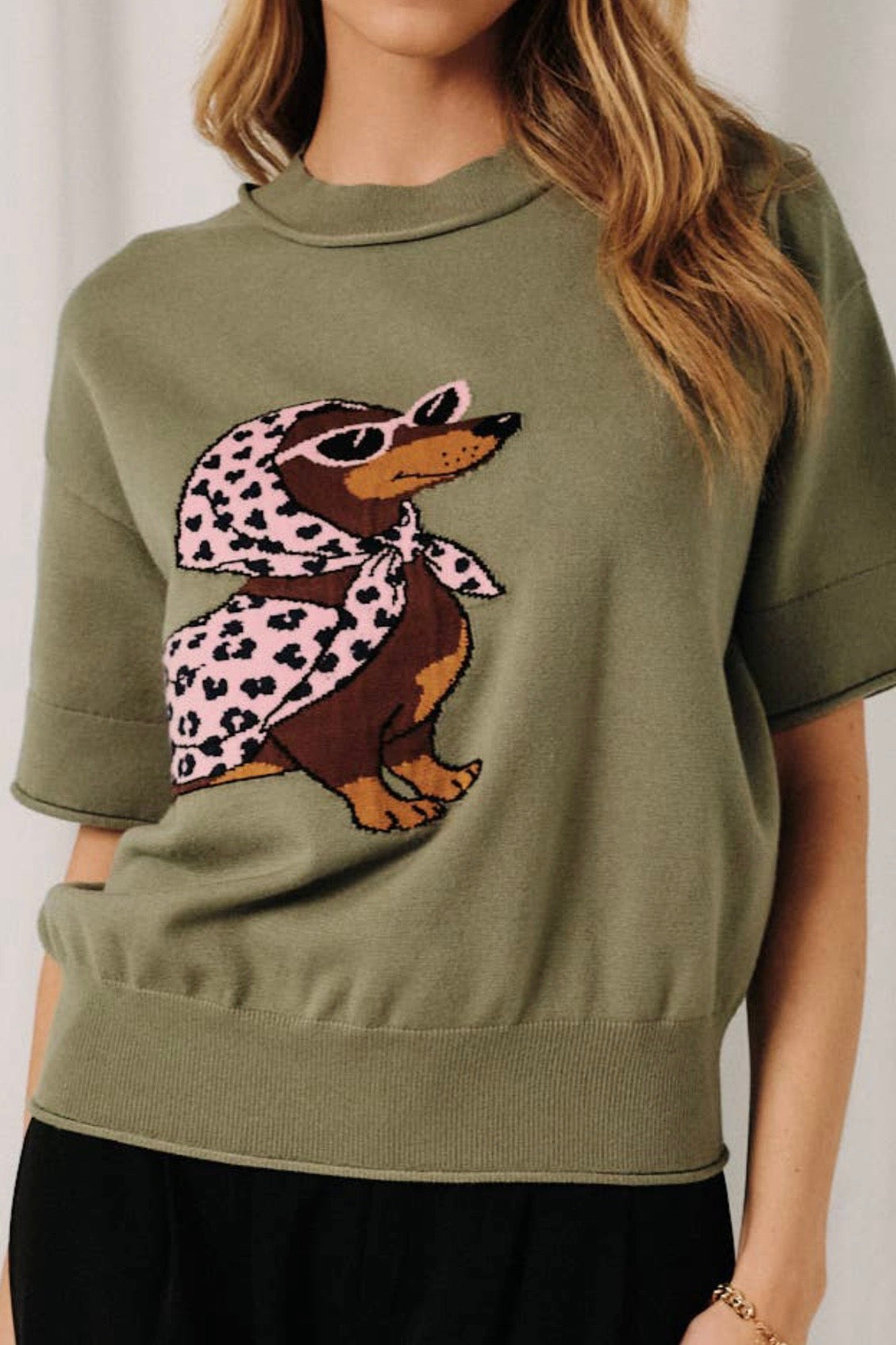Olive Green Glam Dachshund Short Sleeve Sweater