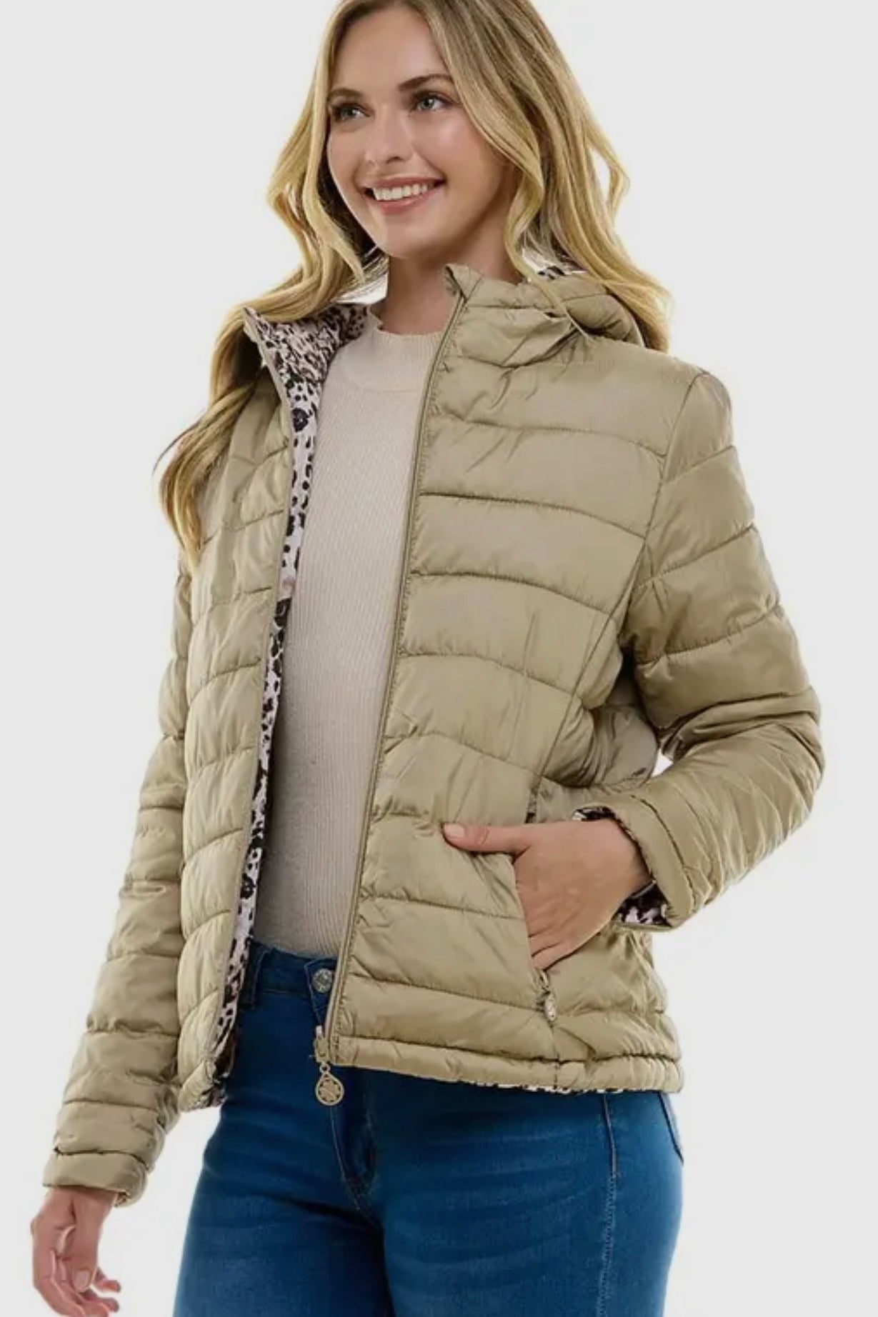 Reversible Puffer Jacket- Stone with Animal Print