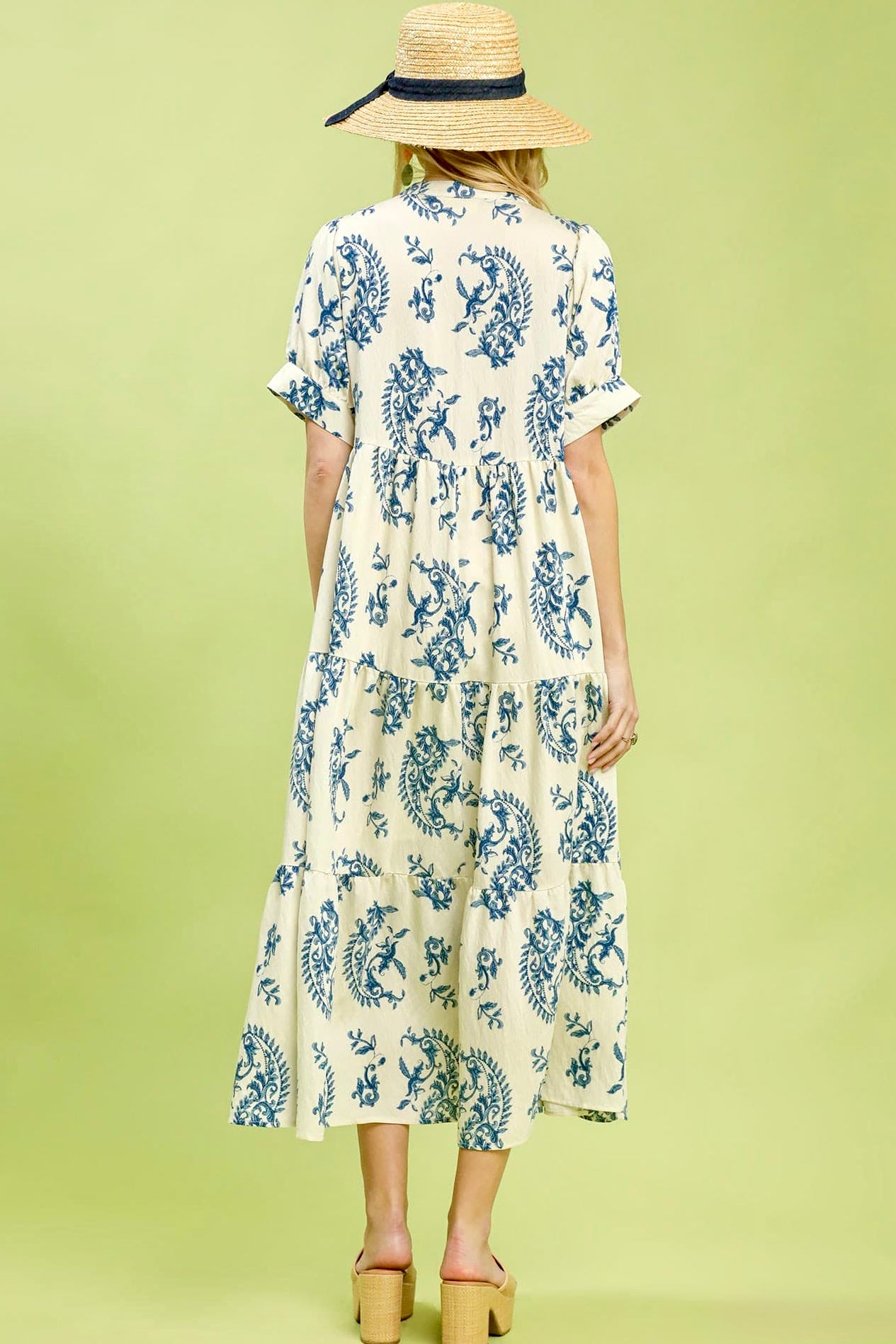 Umgee Cream Blue Paisley Print Tiered Midi Dress