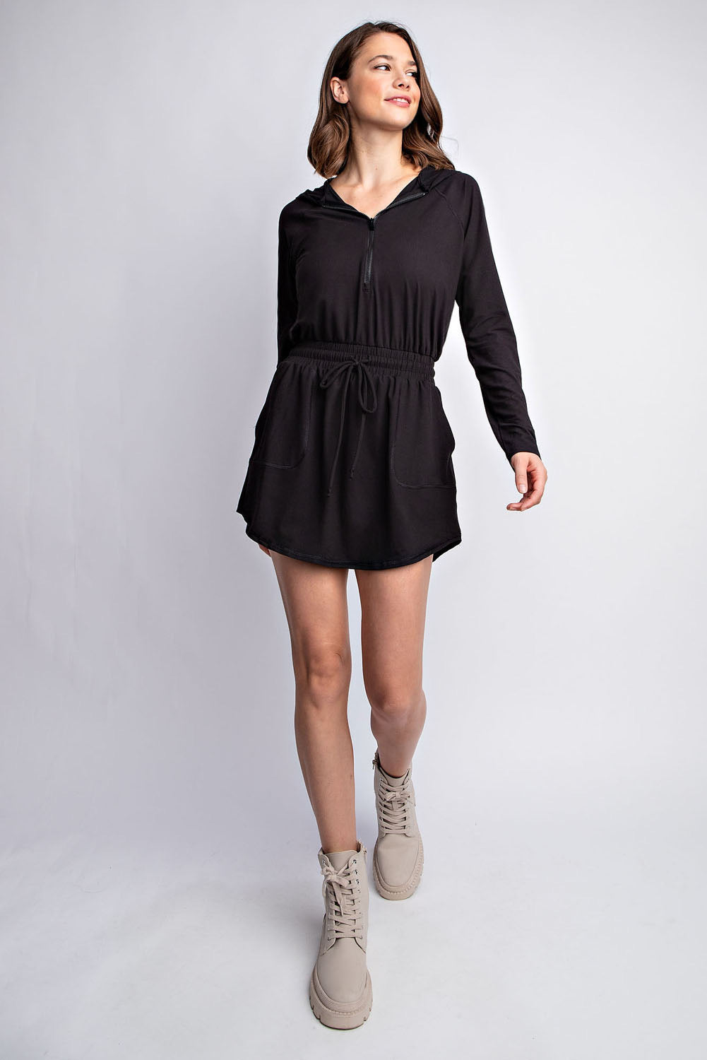 Rae Mode Black Butter Soft Long Sleeve Romper Dress with Shorts