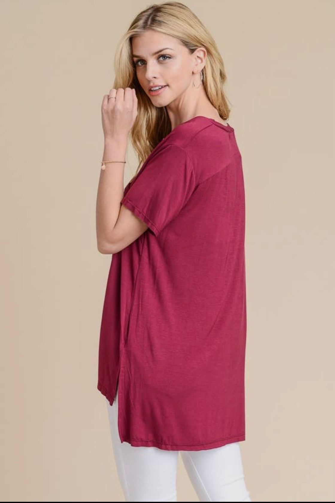 Crimson Short Sleeved Oversized V Neck Top with Hi Low Hem