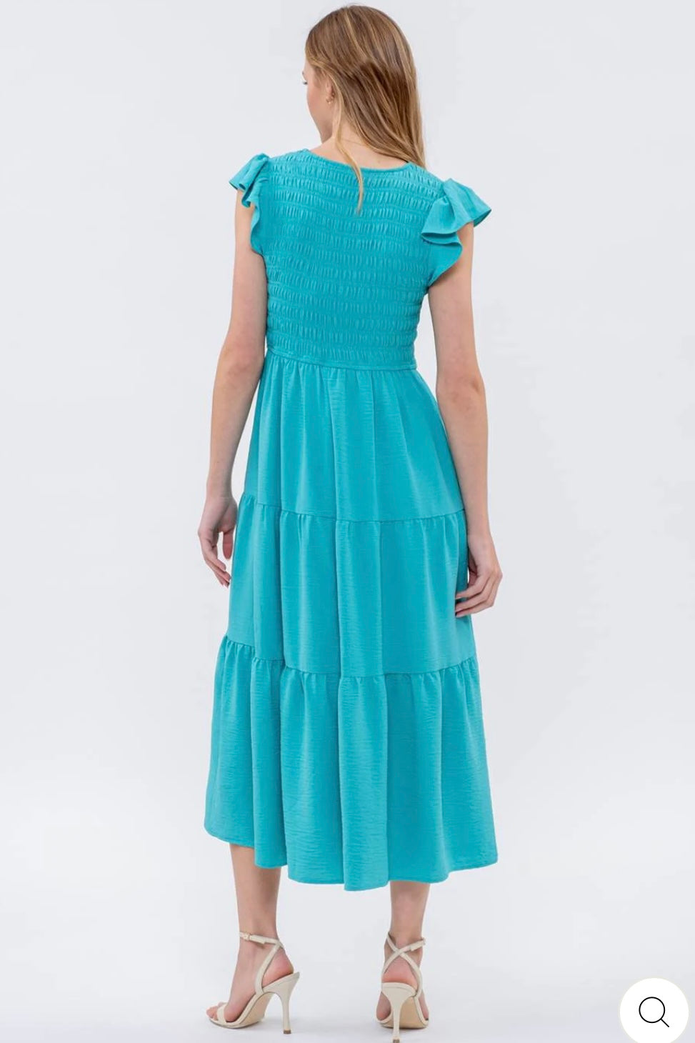 Emerald Flutter Sleeve Smocked Tiered Midi Dress