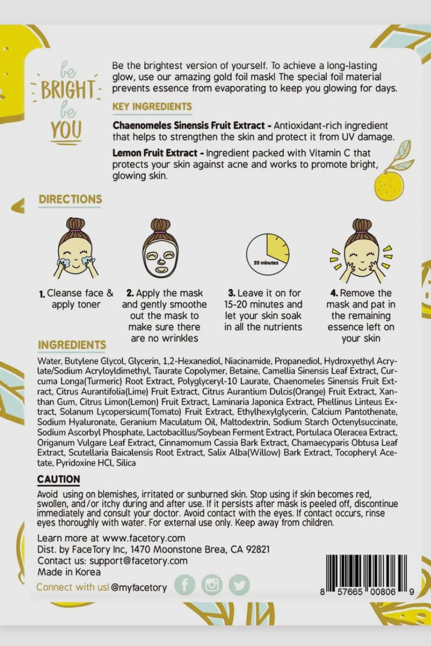 FaceTory Be Bright Be You Gold Foil Sheet Mask - Korean Beauty