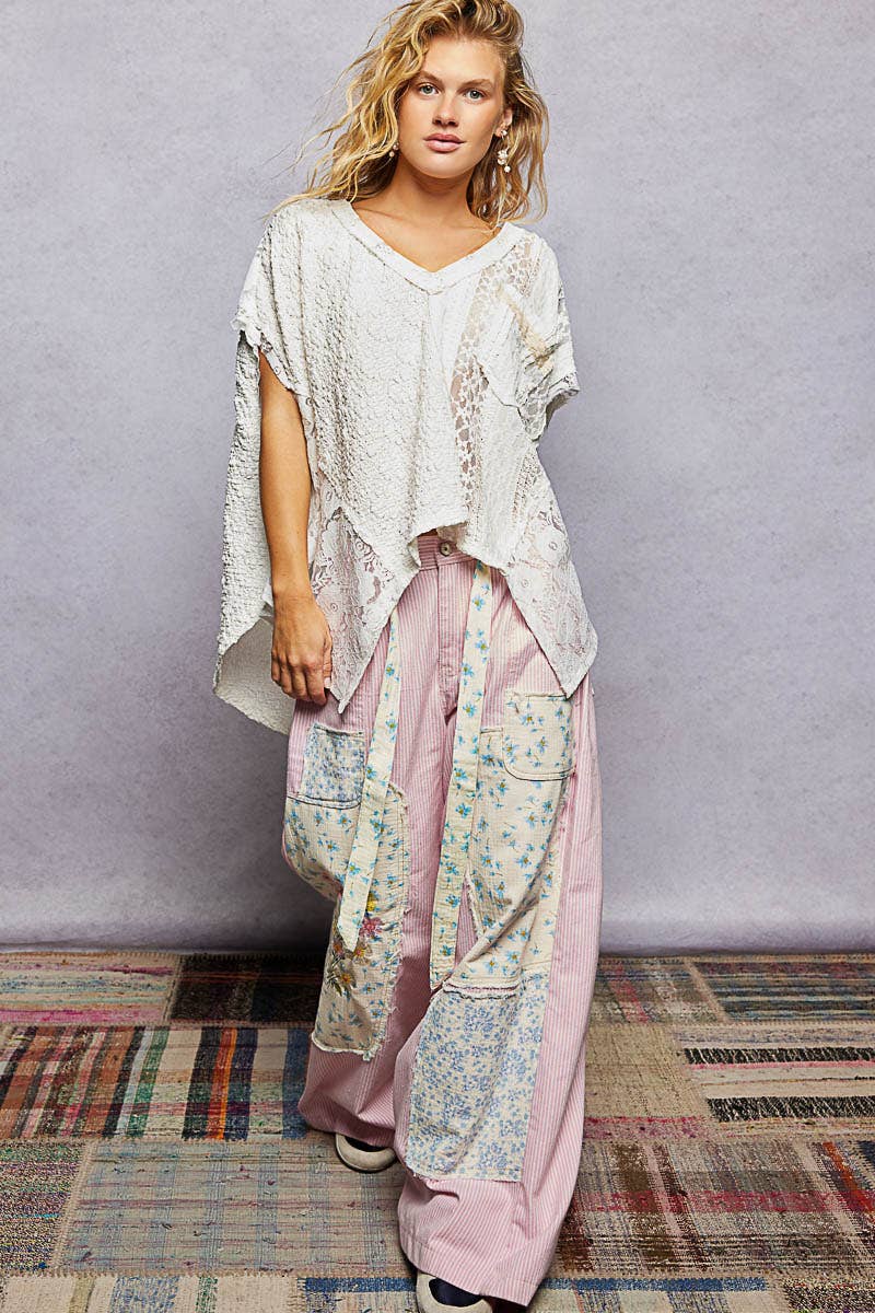 POL Patchwork Lace Oversized V-Neck Raw Edge Top in Natural