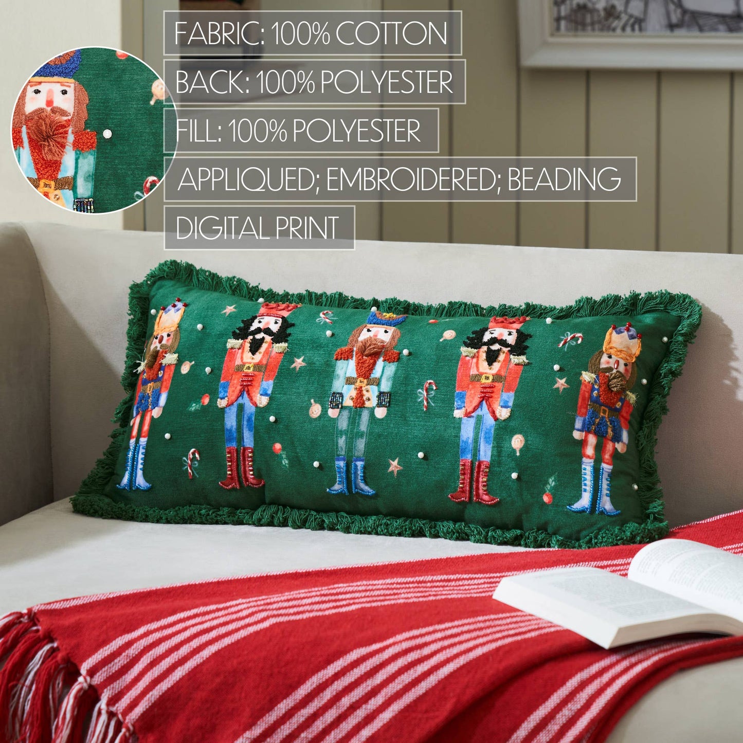 Nutcracker Green Fringed Lumbar Pillow
