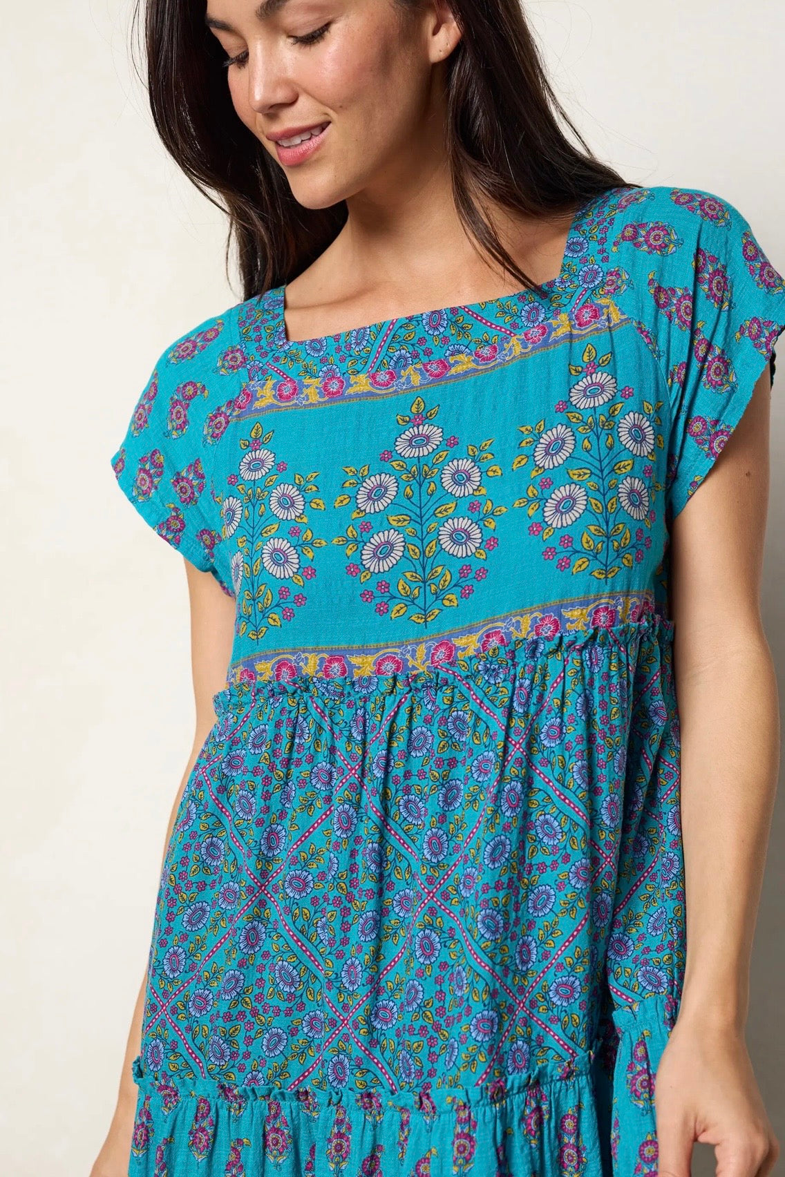 Natural Life Berkley Maxi Dress- Teal Wildflower Tiles