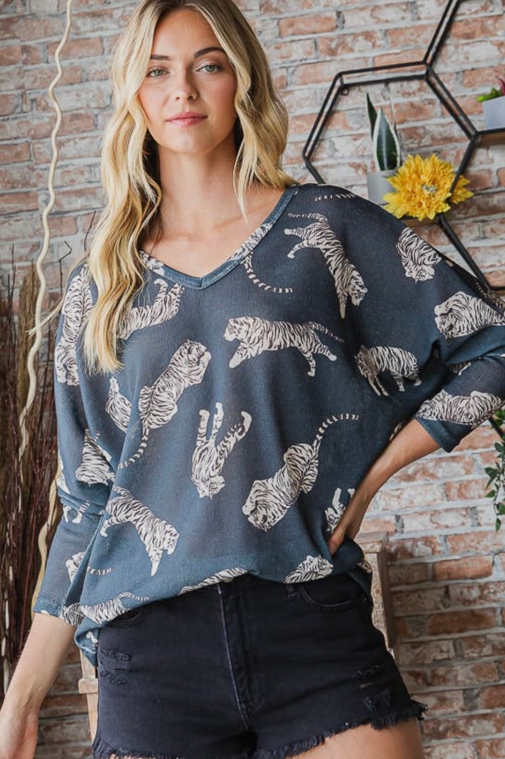 Easy Tiger V Neck Top in Charcoal