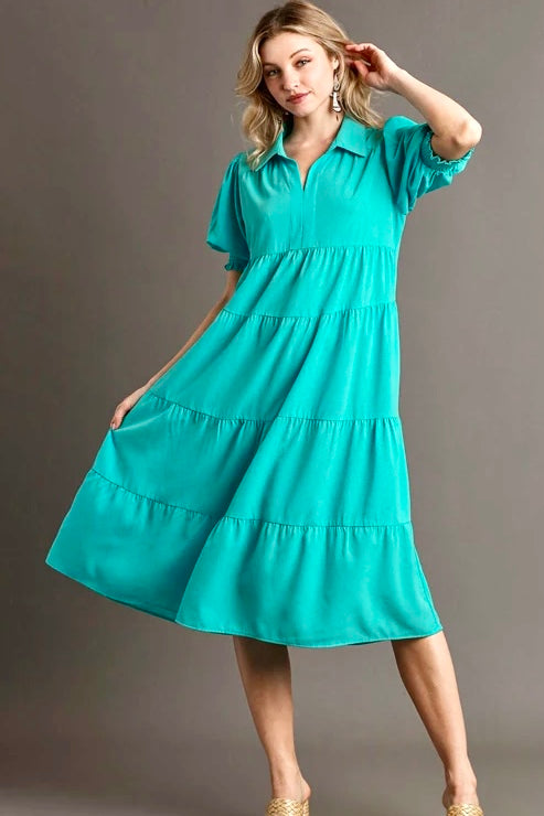 Umgee Aqua Mint Short Sleeve Tiered Midi Dress A0749