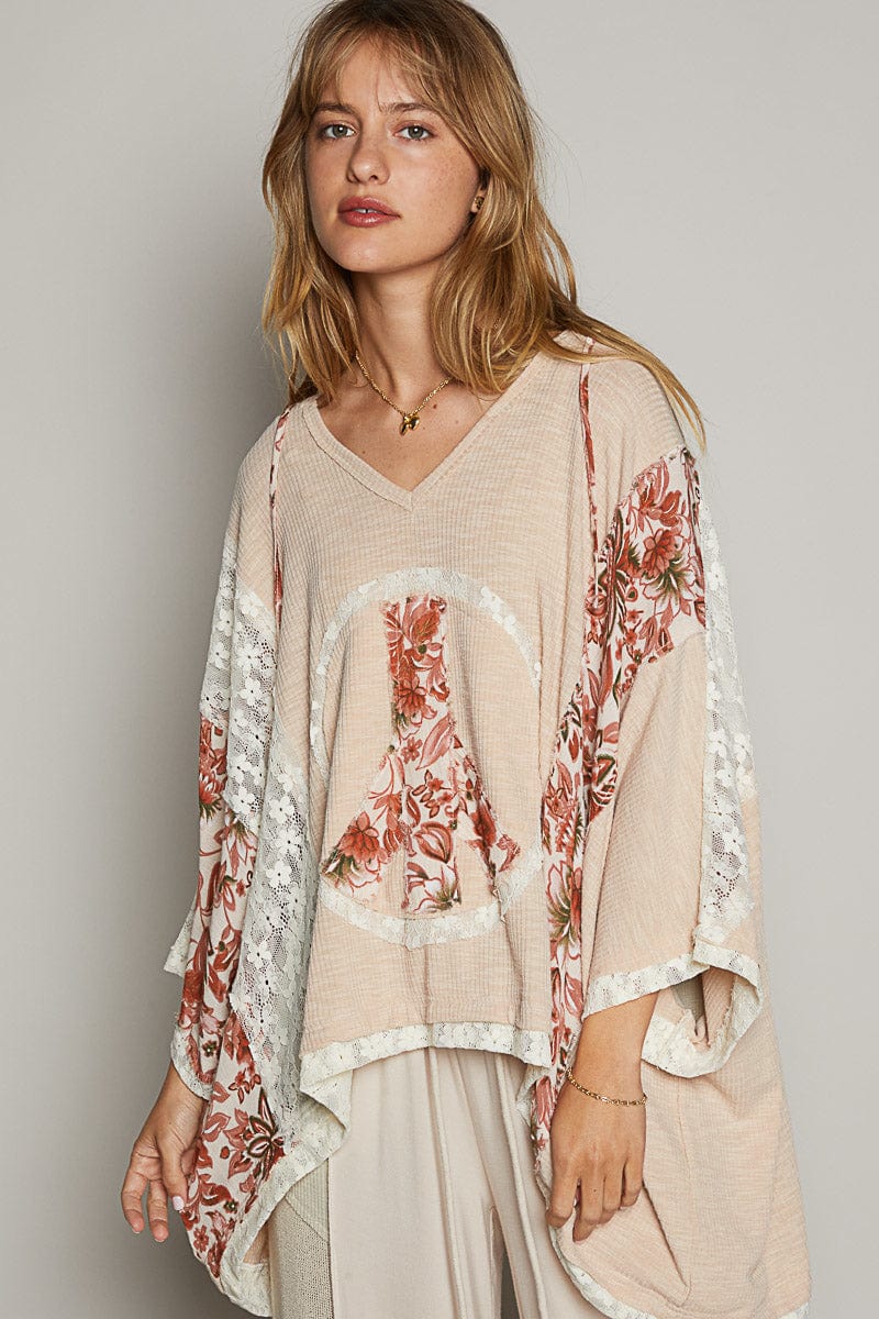 Peace Sign Patchwork and Lace Oversized V-Neck Top by POL