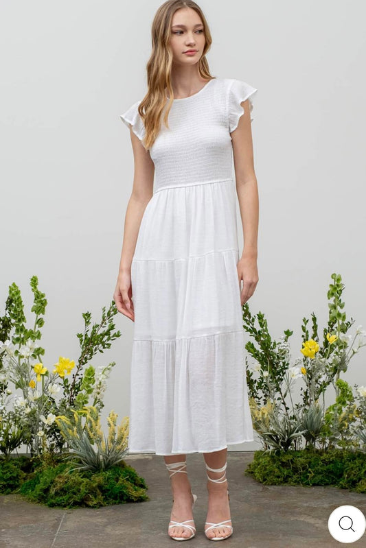 White Flutter Sleeve Smocked Tiered Midi Dress