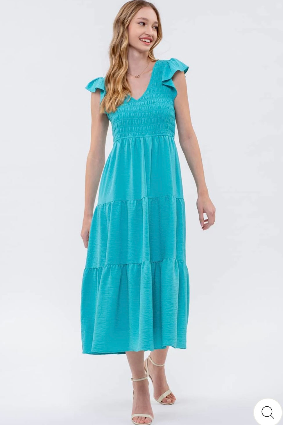 Emerald Flutter Sleeve Smocked Tiered Midi Dress