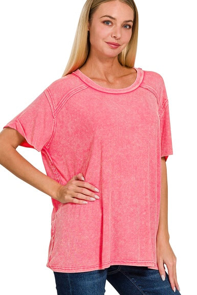 Hot Pink Mineral Washed Stretchy Short Sleeved Top