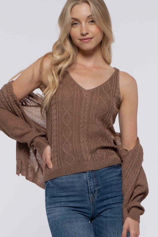 Cocoa Brown Cable Knit Sleeveless Top