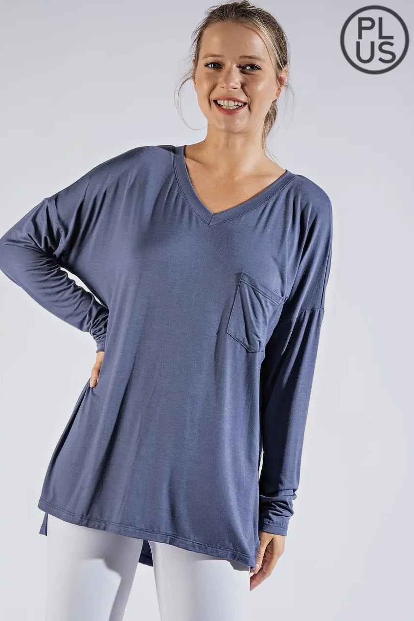 Vintage Denim Plus Long Sleeve V Neck Top with Hi Low Hem