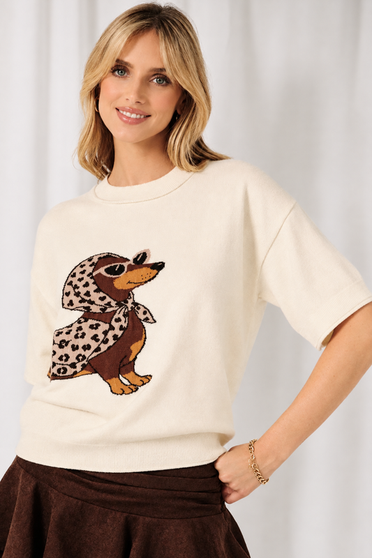 Cream Glam Dachshund Short Sleeve Sweater