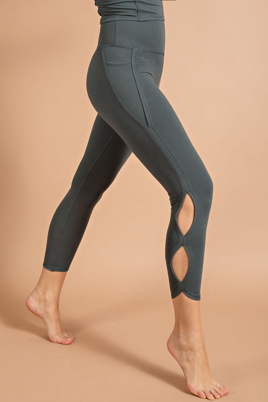 Smoked Spruce Butter Soft Cropped Yoga Leggings with Infinity Side Accent and Pockets