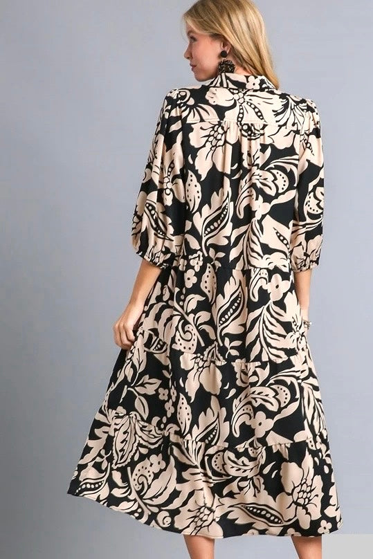 Umgee Black and Tan Floral Tiered Midi Dress with Collared Neck and 3/4 Sleeves