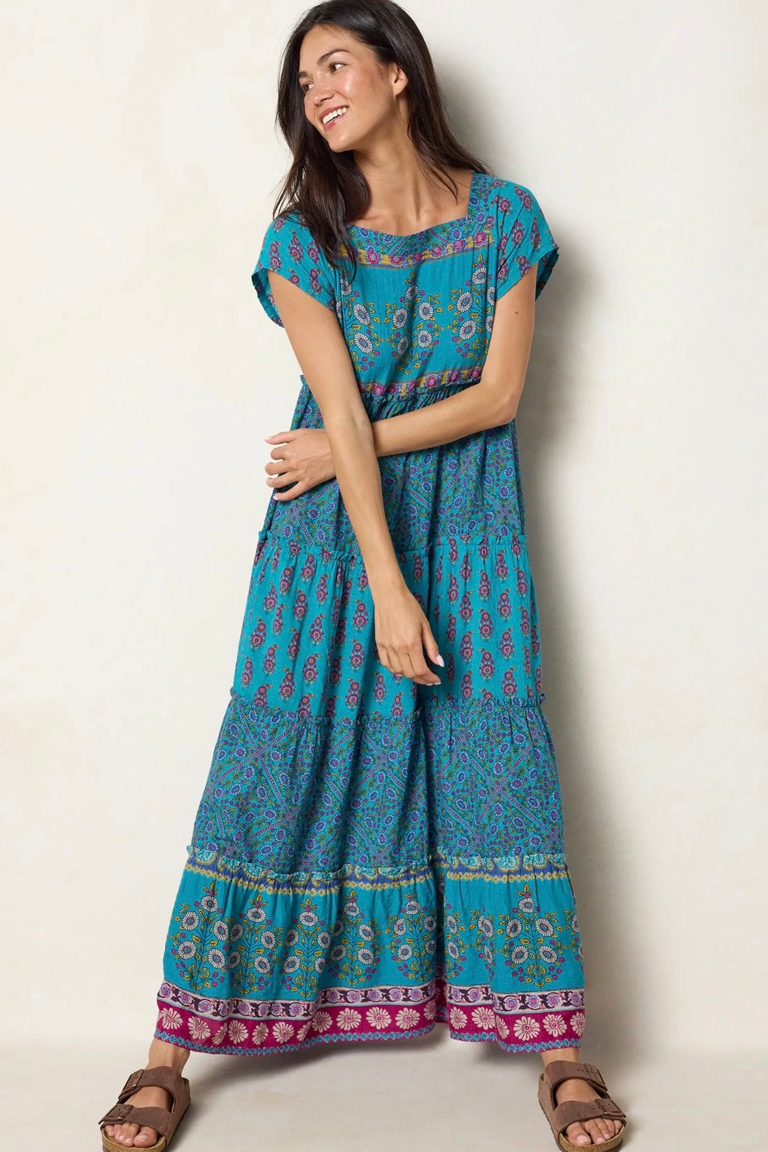Natural Life Berkley Maxi Dress- Teal Wildflower Tiles